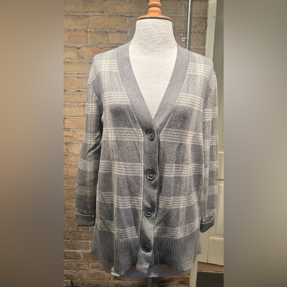 LOFT Gray Plaid V-Neck Button Cardigan